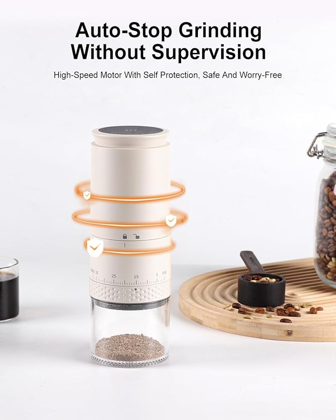 Portable Electric 420 Stainless Steel Burr Coffee Grinder, Rechargeable Espresso Grinder with 38 Adjustable Grind Settings (White)