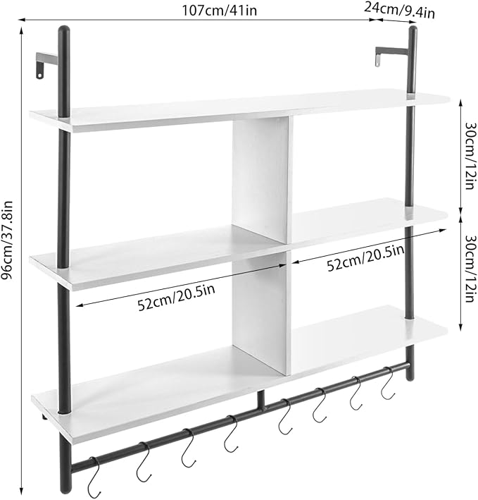 Industrial Pipe Wall Shelf with 8 Hooks – 3-Tier 42" White Floating Shelf | 55lb Load Carbon Steel & MDF for Kitchen Coffee Bar Bathroom Office Storage