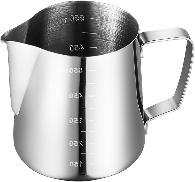 Milk Frothing Pitcher, 20oz Steaming Pitcher with Clear Scale, 304 Stainless Steel Milk Frother Cup Cappuccino Espresso Machine Accessories for Latte Art, Barista, Home Use, Easy Clean Barista Tool