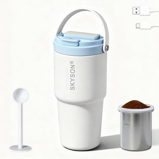 minkah Fast Extraction Mini Electric Espresso Maker - Portable Filter Coffee Brewer for Travel,Insulated Stainless Steel Tumbler,20 oz Reusable Iced Coffee Cup Machine,Hot Coffee Mug with Lid(White)