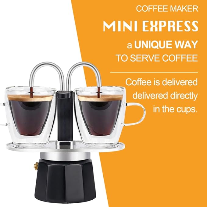 MVPLUE-Mini Express Double Tube Moka Pot Aluminum Black,Share fresh delicious coffee with a friend