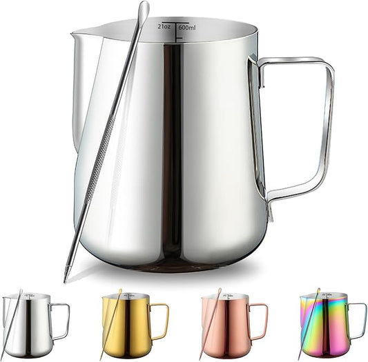 Milk Frothing Pitcher 21oz - 620ml, Kyraton Stainless Steel Espresso Steaming Pitchers with Decorating Pen,Milk Coffee Frother Cups Cappuccino Latte Art Barista Steam Pitchers Milk Jug Cup (Silver)