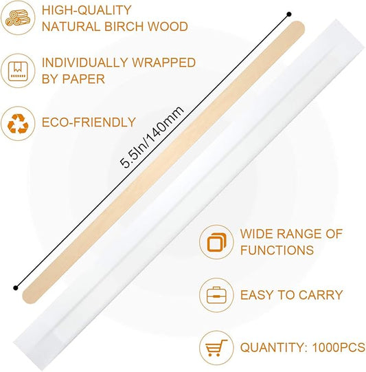 1000Pcs Disposable Wood Coffee Stir Sticks Stirrers Individually Paper Wrapped Coffee Tea Beverage Stirrers Stirrings 5.5 Inch,140mm