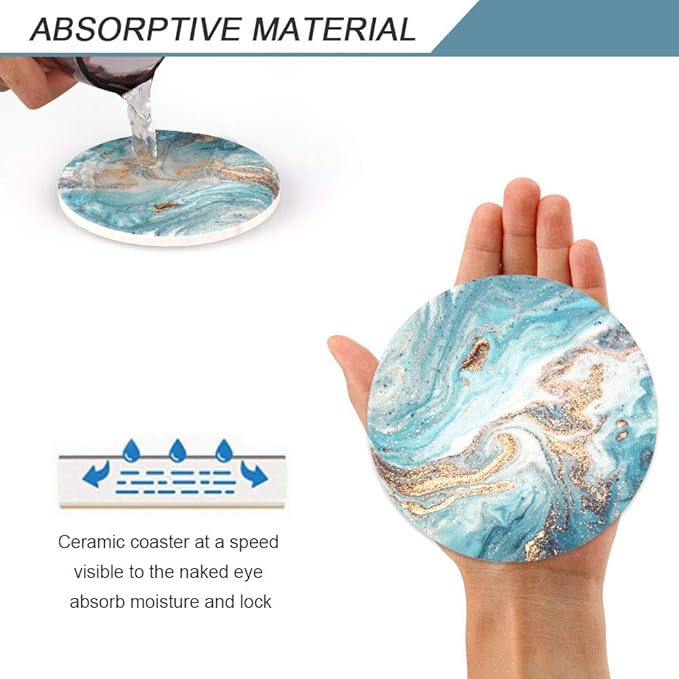 Lahome Marble Style Coasters - Round Drinks Absorbent Stone Coaster Set with Ceramic Stone and Cork Base for Kinds of Mugs and Cups (Blue, 4)