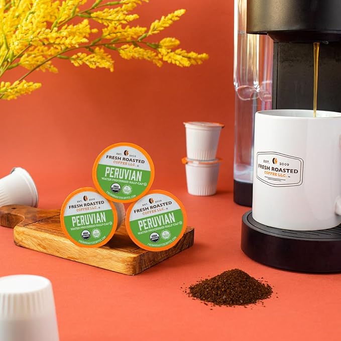 Fresh Roasted Coffee, USDA Organic Peru Water-Processed Half-Caf | 3rd Party Tested for Pesticides, Mold, Mycotoxins, Kosher | 100% Arabica, Specialty Grade, Med Roast 72 Pods for K Cup Brewers