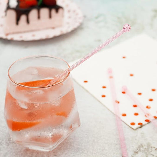 50-PCS Pink Glitter Plastic Swizzle Sticks, Crystal Cake Pops, Cocktail Coffee Drink Stirrers, Lolipop Stick, for Valentines Day Christmas Party, 7.24 Inch