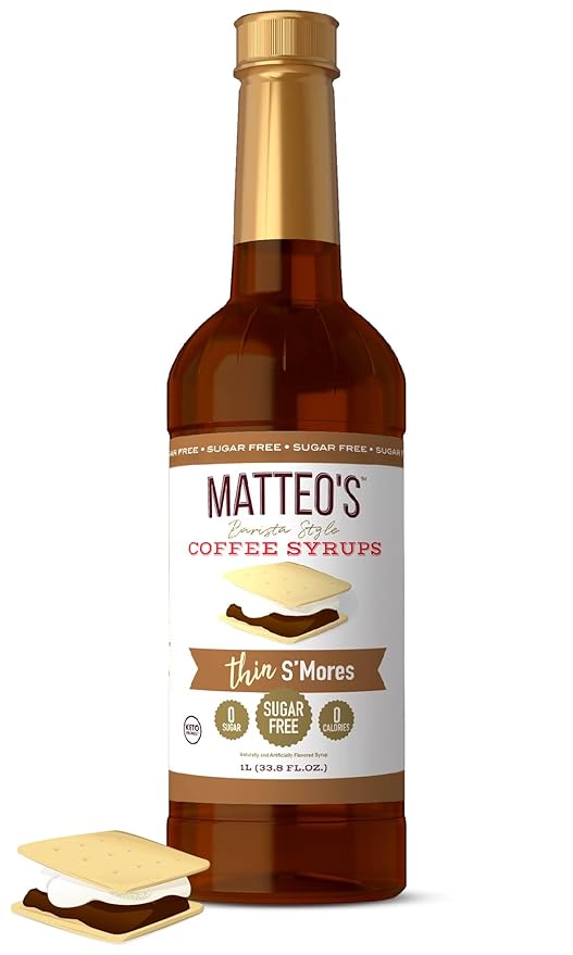 Matteo's S'mores Syrup for Coffee, Lattes, Cappuccinos & Desserts – Sugar-Free Sweetener for Beverages, Keto Friendly, Zero Calories, Indulgent Flavor, Non-Alcoholic, Ideal for Hot Drinks 33.8oz (1pk)
