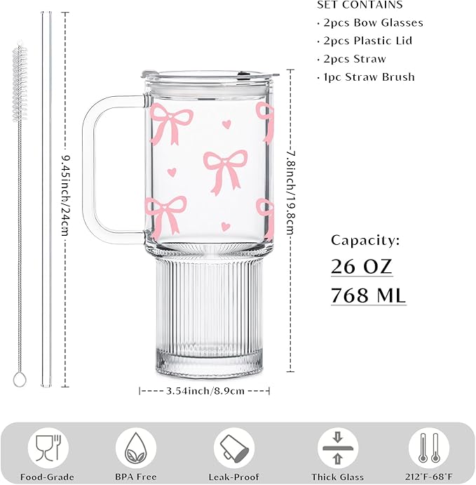INSETLAN 26oz Cute Pink Bow Glass Cup with Lid and Straw, Girly Preppy Aesthetic Glass Tumbler with Handle, Birthday, Valentine’s & Christmas Gift for Women, Teens & Friends