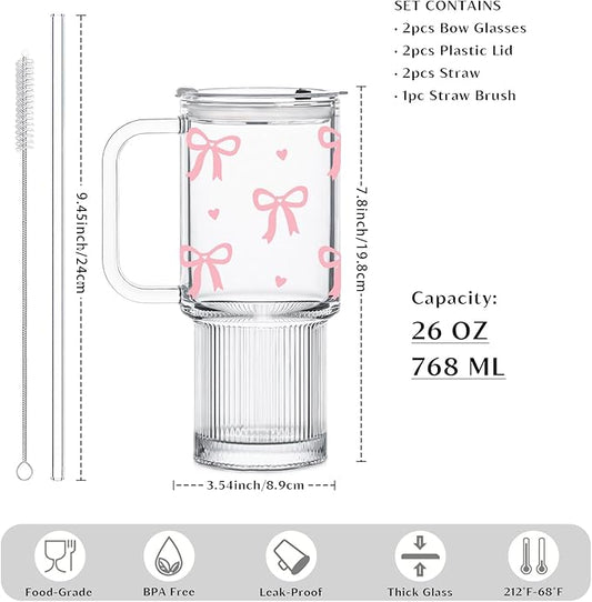 INSETLAN 26oz Cute Pink Bow Glass Cup with Lid and Straw, Girly Preppy Aesthetic Glass Tumbler with Handle, Birthday, Valentine’s & Christmas Gift for Women, Teens & Friends