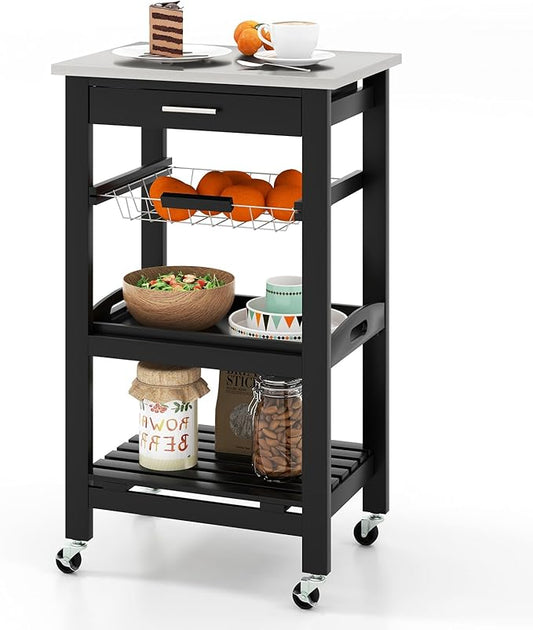Giantex Kitchen Island Cart, Mobile Kitchen Storage Cart with Stainless Steel Tabletop, Drawer, Basket, Shelf, Serving Tray, Rolling Utility Trolley Cart on Wheels for Coffee Bar Dining Room, Black