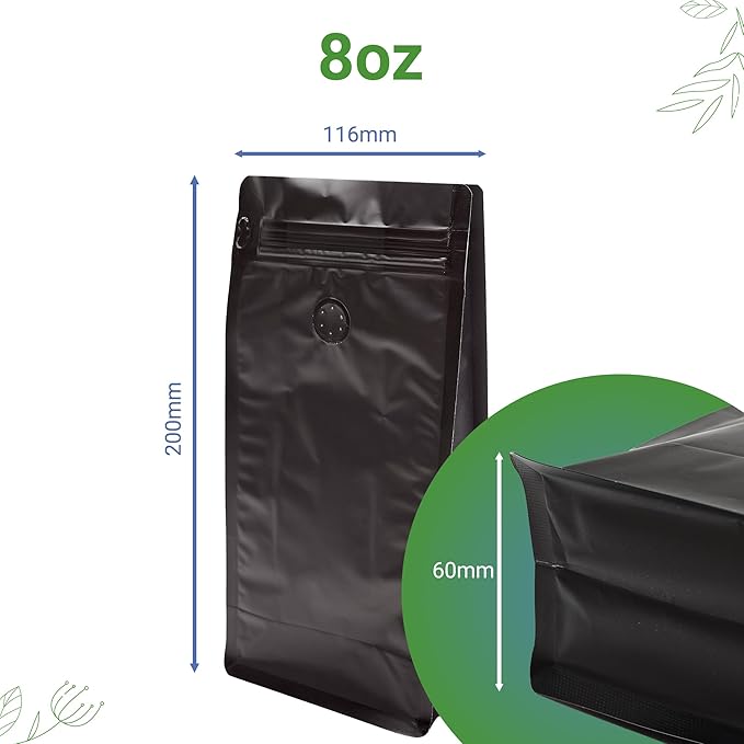 100 Pack 8 oz Coffee Bags with Valve Black Flat Bottom Coffee Beans Packaging Pull Tab Zipper Resealable Bags