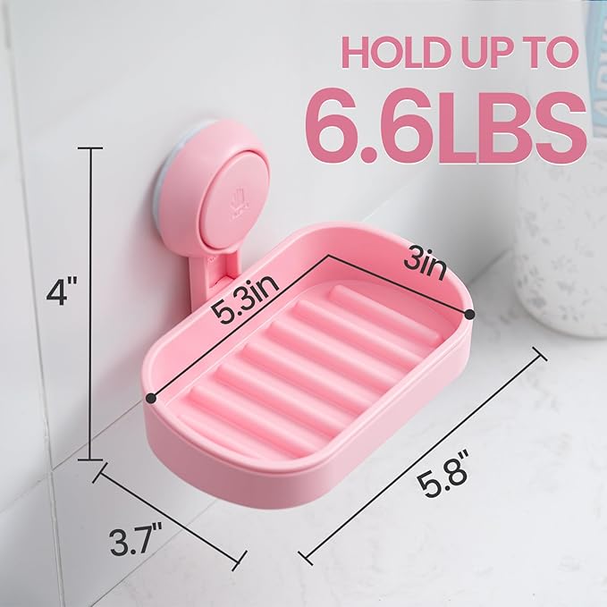 TAILI Soap Dish Bar Holder Suction Cup,Soap Saver with Powerful Vacuum Suction,Sponge Holder for Shower,Bathroom,Tub and Kitchen Sink, Universal Shower Accessories,Drill-Free,Removable,Pink