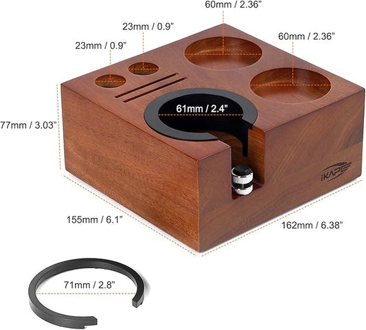 IKAPE Espresso Tamper Holder, Wooden Coffee Tamper Station Base, Natural Walnut Espresso Tamp Mat Stand Fit for 51, 54, 58mm Espresso Accessories, Smile Modeling