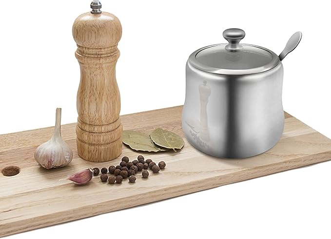 300ml Stainless Steel Sugar Bowl with Lid and Spoon 10 OZ Coffee Seasoning Jar Condiment Pot Spice Container Canister Cruet with Lid and Spoon (Style B)
