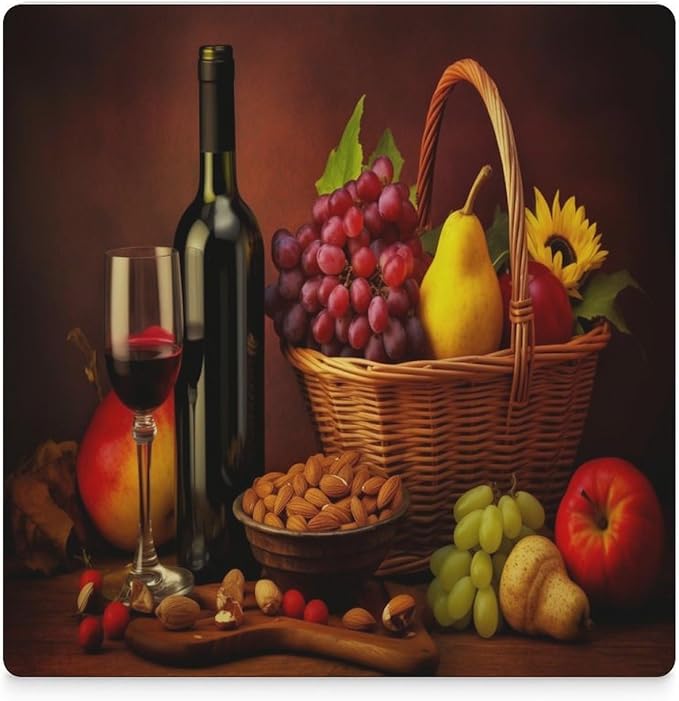 Square-6PCS Red Wine Drink Coasters, Square Modern Ceramic Absorbent Coasters, Retro Red Wine Bottle and Grapes Fruit Basket Pattern Decor Desk Coffee Table Coaster for Beverage Cup Tea Coasters