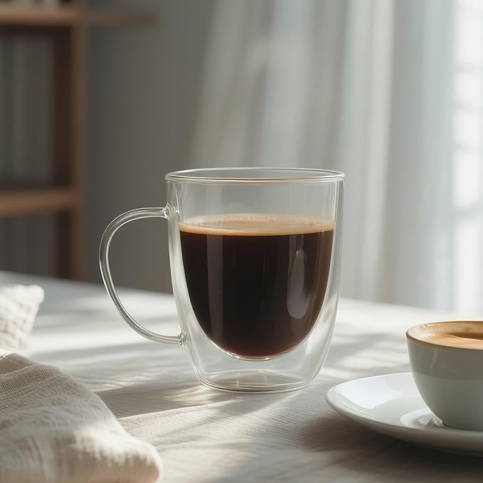 Double Wall Glass Coffee Mugs 12 OZ, Clear Coffee Cup With Handle,Insulated Coffee Mugs Set of 6 With Spoons Perfect for Espresso, Cappuccino, Latte, American,Tea Bag, Beverage