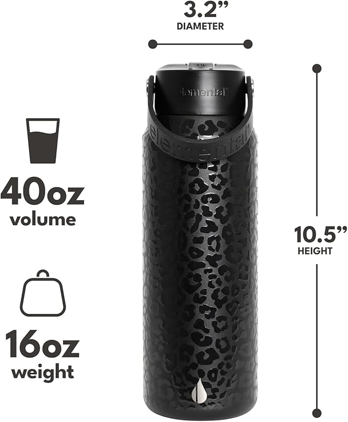 Elemental 40oz Insulated Water Bottle with Straw - 100% Leak-Proof Stainless Steel Core Water Bottles for Travel, Sports and Gym - Double Wall Insulation & BPA Free - Black Leopard