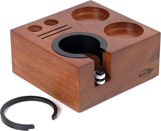 IKAPE Espresso Tamper Holder, Wooden Coffee Tamper Station Base, Natural Walnut Espresso Tamp Mat Stand Fit for 51, 54, 58mm Espresso Accessories, Smile Modeling