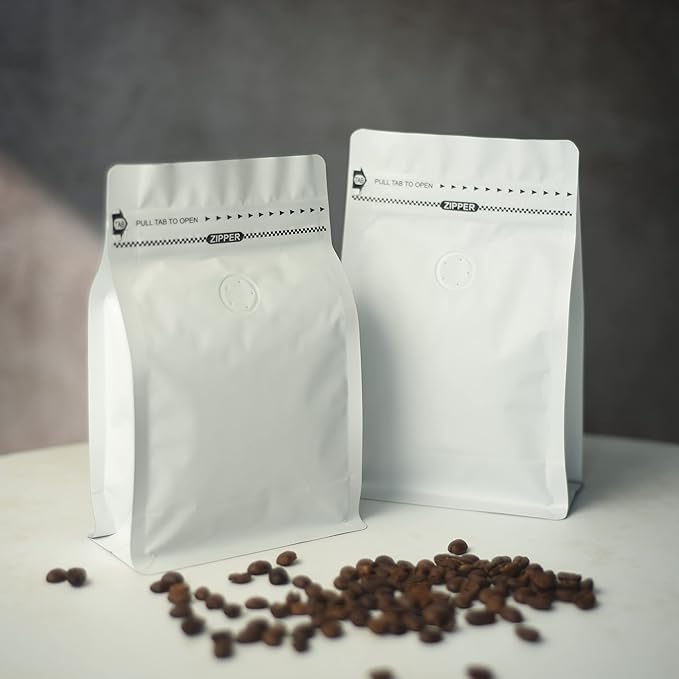 12oz 50pcs High Barrier Wihite Coffee Bags with Aluminum Foil Liner, Resealable Coffee Pouches with Degassing Valve, Ziplock Food Storage Bags with Pull Tape, 12oz/0.75lb/340gram, Pack of 50