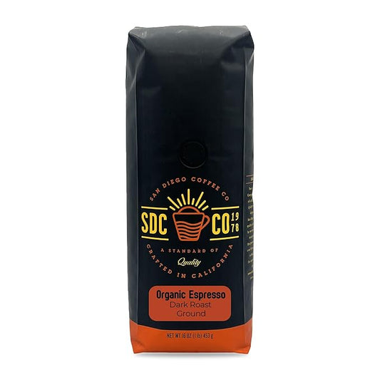 San Diego Coffee Organic Espresso, Dark Roast, Ground Coffee, 16-Ounce Bag Café molido tostado