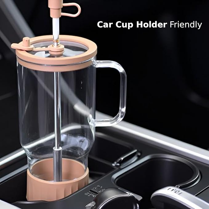 32 oz Plastic-free Borosilicate Glass Tumbler with Stainless Steel Straw and Tempered Glass Lid, Reusable Coffee Cup with Handle, Large Glass Travel Mug (Dune Rose)