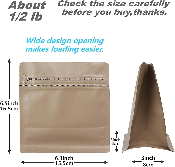 60 Pack High Barrier Stand-Up Coffee Bean Bags with Vented Valve Matte Metallic Heat-Sealable & Resealable Solid Color Pouches (Square,6.1 * 6.5 inch,1/2 lb,Light Brown)