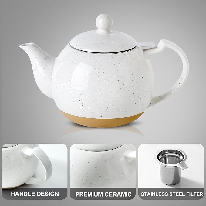 HVH 34 oz Porcelain Teapot with Stainless Steel Infuser, Ceramic Tea pot with Infuser for Loose Tea, Enough For 6 Cups, High Tea Series, Farmhouse Style (White)