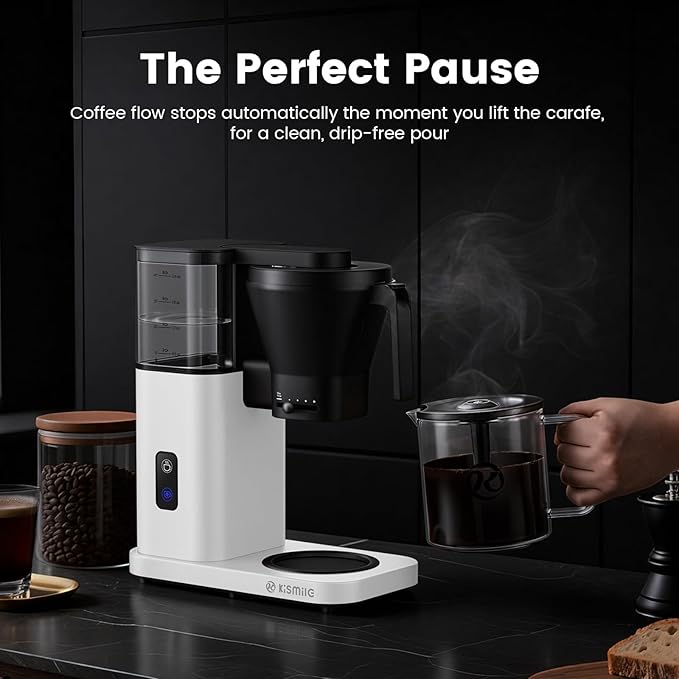 Kismile 8-Cup Drip Coffee Maker,Rapid Heating System for Seconds Brewing,Automatic Pour Over Coffee Machine,Detachable Water Tank,Deep Cold Brew & Keep Warm 40 Min, Easy to Clean (White)
