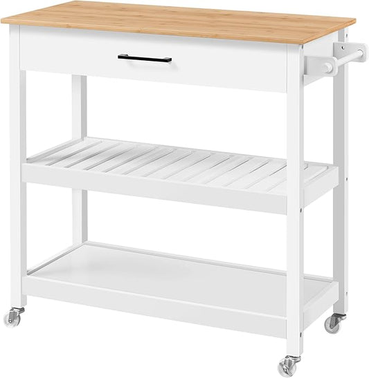 Yaheetech Kitchen Island Cart on Wheels with Bamboo Tabletop, 3-Tier Rolling Kitchen Island Microwave Cart with Drawer, Detachable Towel, 3 Hooks, 17" D x 37.5" W, White