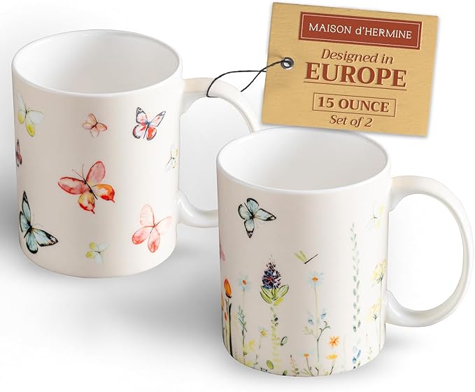 Maison d' Hermine Coffee Mug with Handles Fine Bone China Mugs Pack of Two Tea Cups for Hot Beverages Cappuccino Latte Home Restaurant Office Perfect for Gift (Botanical Fresh, 15 Ounce)