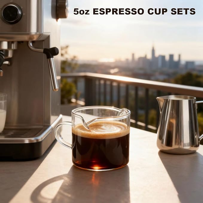 5 OZ Espresso Cups Set of 2, Double Spouts Cups, Shot Glasses, Milk Cup with Handle, Clear Glass, Espresso Accessories for Making Coffee Desserts Salad Dressing Machine (1 ounce more than others )