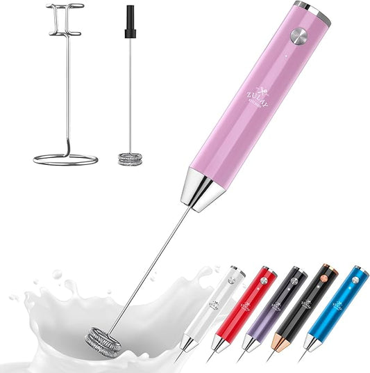 Zulay Kitchen Rechargeable Milk Frother Handheld Lux - Powerful 2-Speed Motor, Waterproof, 2000mAh Battery - Drink Mixer for Latte, Cappuccino, Matcha & Protein Powder - Pink Bubblegum