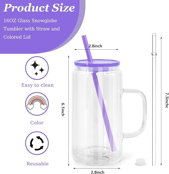 16oz Sublimation Snowglobe Cups with Handle, 4 Pack Pre-Drilled Sublimation Glass Cup with Lid and Straw, Double Wall Glass Coffee Mug, Snowglobe Cup Gifts for Snow Globe DIY Glitter, Colored Lids