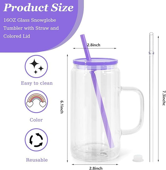 16oz Sublimation Snowglobe Cups with Handle, 4 Pack Pre-Drilled Sublimation Glass Cup with Lid and Straw, Double Wall Glass Coffee Mug, Snowglobe Cup Gifts for Snow Globe DIY Glitter, Colored Lids
