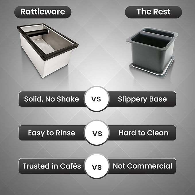 Rattleware Stainless Steel Heavy-Duty Knock Box Chute – Durable Espresso Puck Disposal Bin with Welded Rubber Bar – Fits Coffee Stations, Café, Restaurant, Hotel, or Home Use (9.25"x5.5"x4")