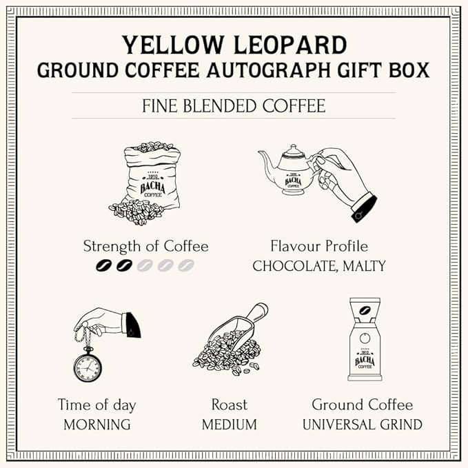 Bacha Coffee | Yellow Leopard Fine Blended, Ground Beans, Medium Roast, 100% Arabica Specialty Coffee, 250g Autograph Collection, Gift Box