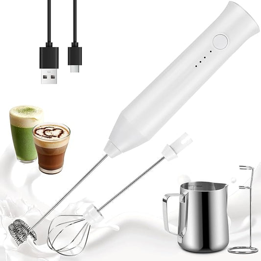 Powerful Milk Frother - Electric Handheld Milk Frother with Stand, Milk Jug and 2 Stainless Steel Blenders, Rechargeable 3 Speed Coffee Latte Cappuccino Matcha (White)