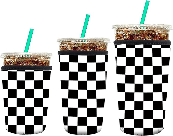 3 Pack Reusable Neoprene Insulator Sleeve for Iced Coffee Cups, Funny Coffee Cup Sleeves for 16-32oz Coffee cups, Cute Drink Sleeve for Cold Hot Beverages Luxuious Checkerboard