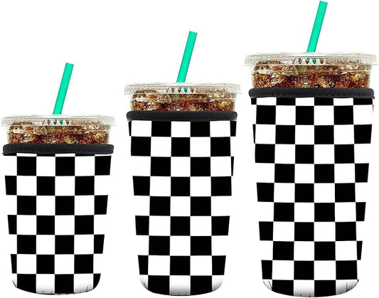 3 Pack Reusable Neoprene Insulator Sleeve for Iced Coffee Cups, Funny Coffee Cup Sleeves for 16-32oz Coffee cups, Cute Drink Sleeve for Cold Hot Beverages Luxuious Checkerboard