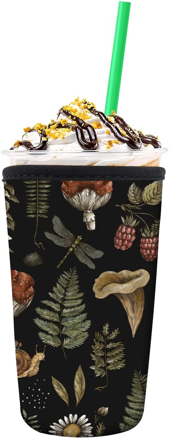 Reusable Neoprene Insulator Sleeve for Iced Coffee Cold Soda Cups, Cute Durable Drink Sleeve for Cold Beverages, Medium 22-28oz Cup Sleeve Cute Black Mushroom