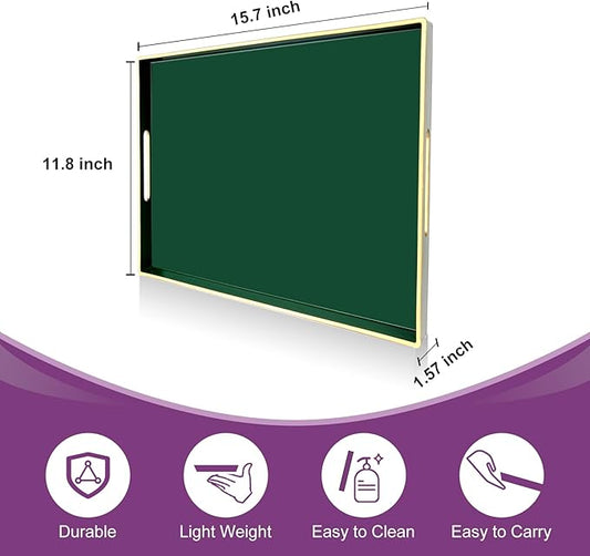 Gifturbo Large Serving Tray with Handles，Green Rectangular Plastic Elegant Decorative Coffee Table Trays for Ottoman, Living Room, Bathroom, Home Decor, Vanity Tray with Gold Trimming, 15.7” x 11.8”
