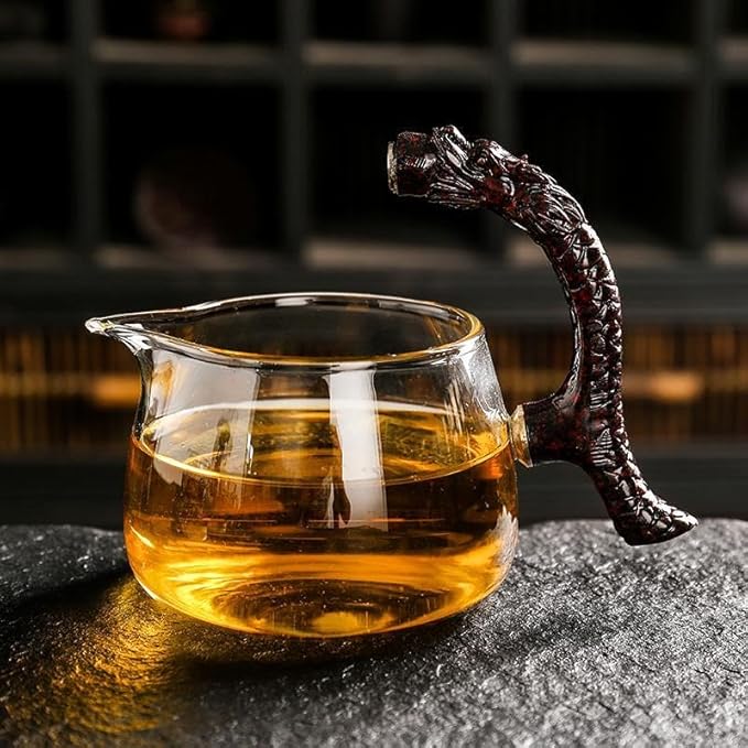 Glass Teapot Set with Infuser Semi Automatic Dragon Tea Set with 6 Small Cups (red golden dragon)