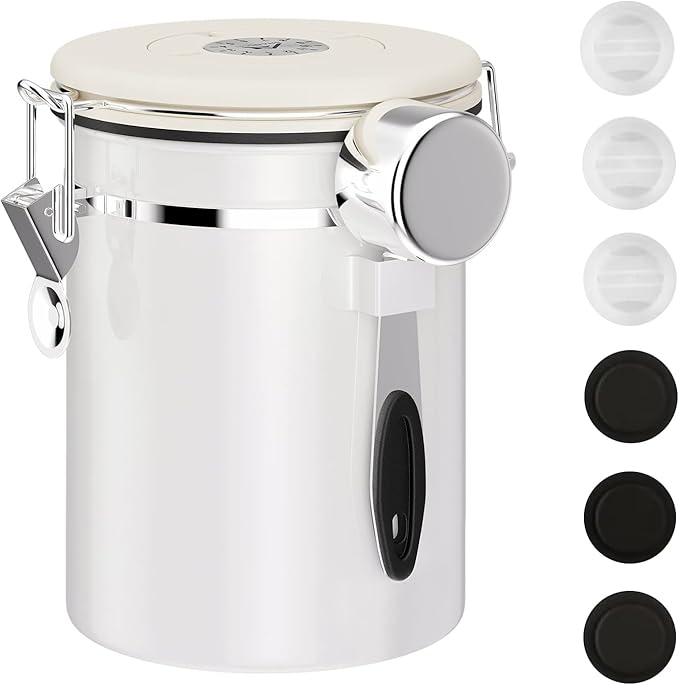 ShanSon Coffee Canister Airtight Coffee Container Stainless Steel Coffee Bean Storage Container with Scoop Coffee Canister for Beans Grounds Sugar Flour Tea Cereal,22OZ,Off-White