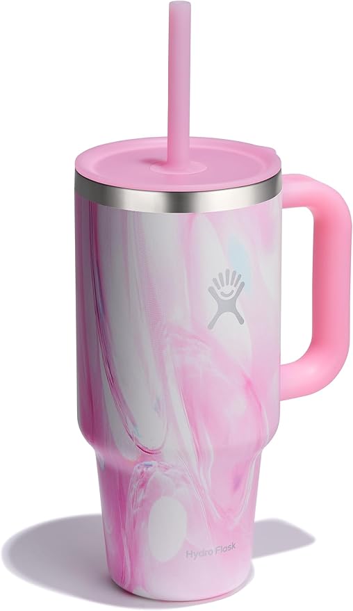 Hydro Flask Travel Tumbler with Handle, Lid and Straw - Insulated Stainless Steel in 32 Oz Jelly Pink