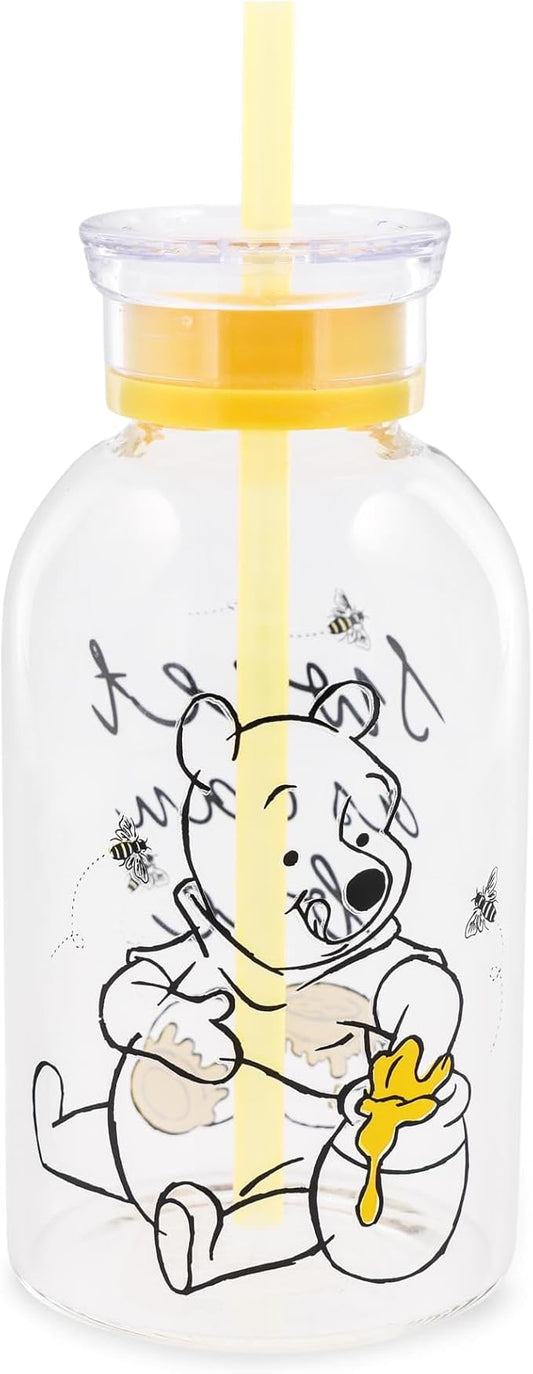 Silver Buffalo Disney Winnie the Pooh Hunny Sweet As Can Bee Glass Milk Bottle with Straw, 15 Ounces