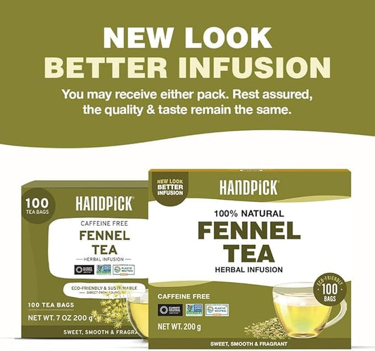 HANDPICK Fennel Seed Tea Bags (100 Count), Authentic Indian Origin with Natural Aroma & Sweetness | 100% Pure, Non GMO & Caffeine Free