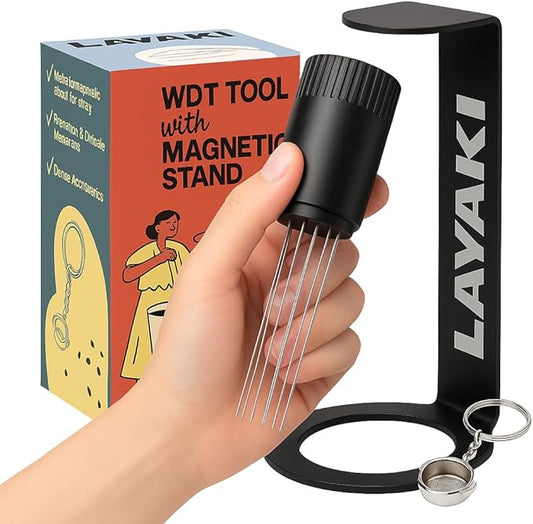 Wdt Tool Espresso Machine Accessories with Magnetic Stand -Espresso Distribution Tool, 8 Flexible 0.25 mm SUS 304 Needles, Ergonomic Anti-Slip Handle, Fits Multiple Portafilter Sizes