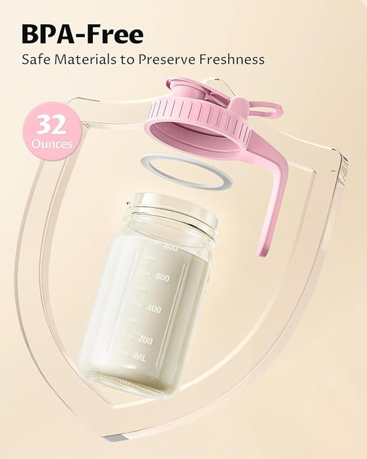 32oz Breast Milk Pitcher with Lid - Airtight Leakproof Glass Storage with Flip Cap & Pour Spout, Wide Mouth 1 Quart Breastmilk Storage Container for Breastmilk, Formula, and Milk
