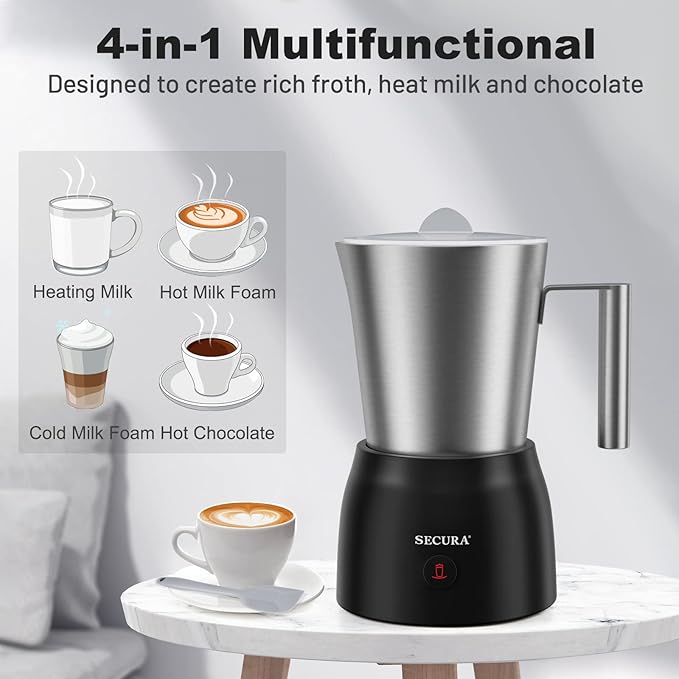 Secura Detachable Milk Frother and Steamer, 17oz Electric Milk Warmer with Glass Jug, 4-in-1 Hot & Cold Foam Maker for Latte, Cappuccinos & Hot Chocolate, Dishwasher Safe, BPA & Teflon-Free Design