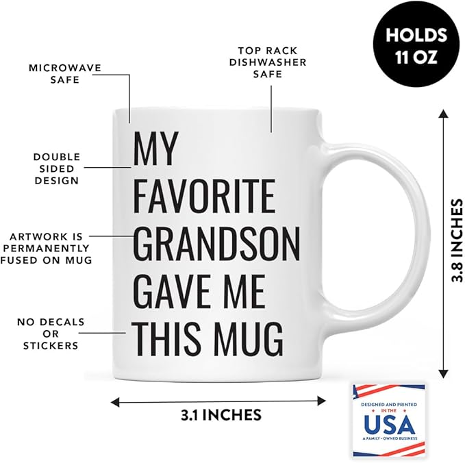Andaz Press 11oz. Funny Coffee Mug Gag Gift, My Favorite Grandson Gave Me This Mug, 1-Pack, Grandpa Grandma Birthday Christmas Sarcastic Humor Granddad Favorite Grandchild Grandpa Mugs